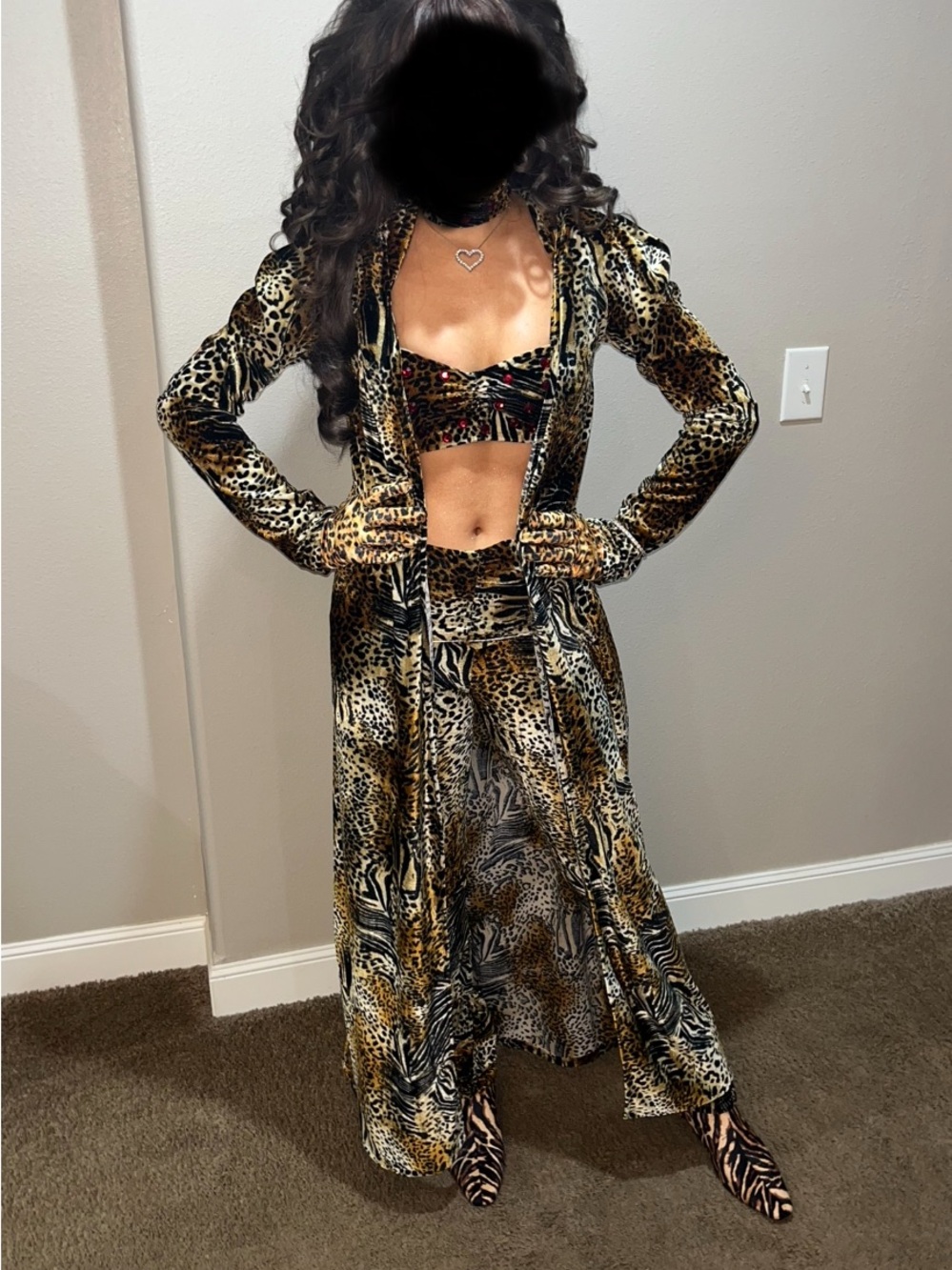 Animal-Print Long Cape Coat in Brown/Black